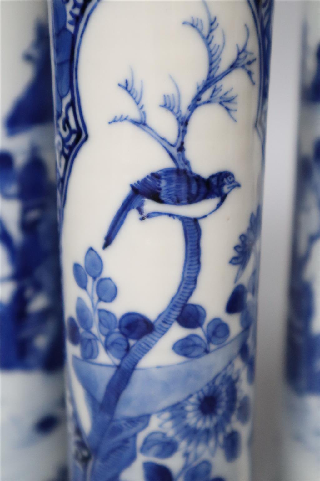 A pair and two other 19th century Chinese blue and white sleeve vases, three bear Kangxi mark, tallest 22cm